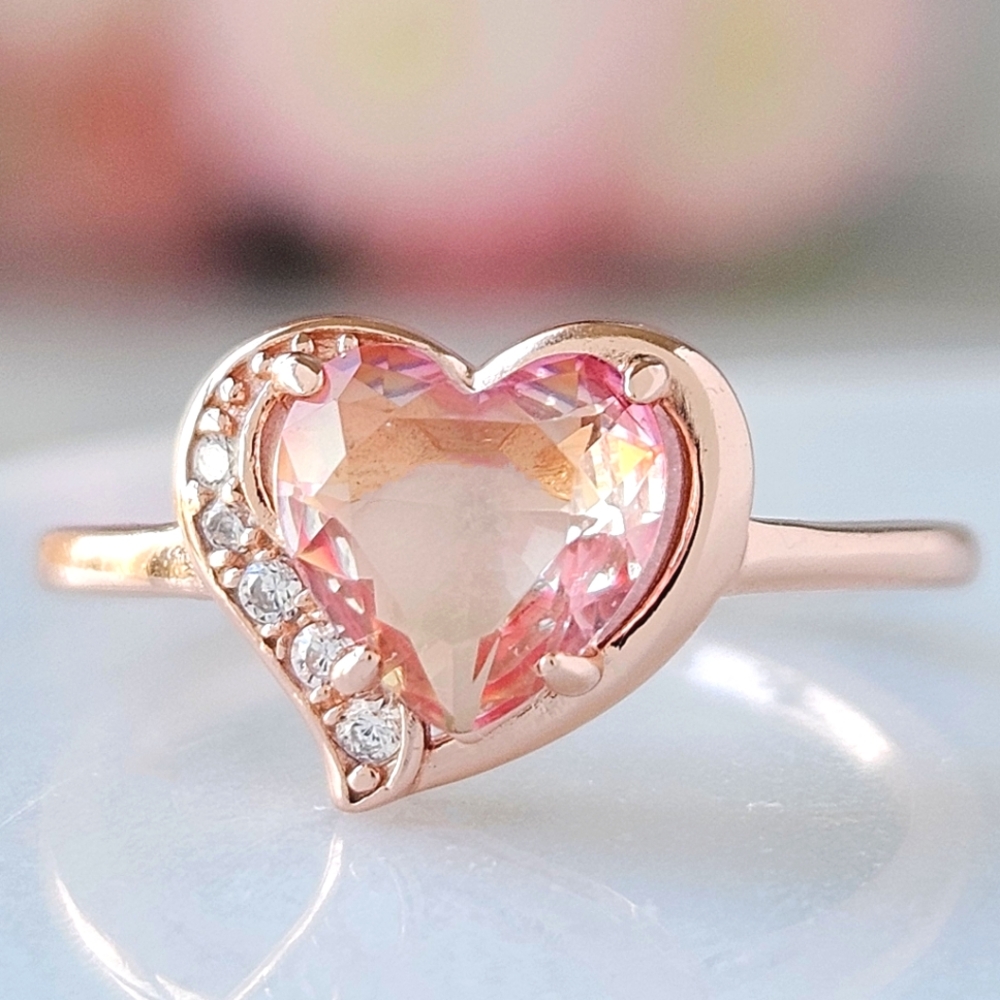 Heart peach and pink gemstone ring, 925 Sterling Silver, 18k Rose Gold